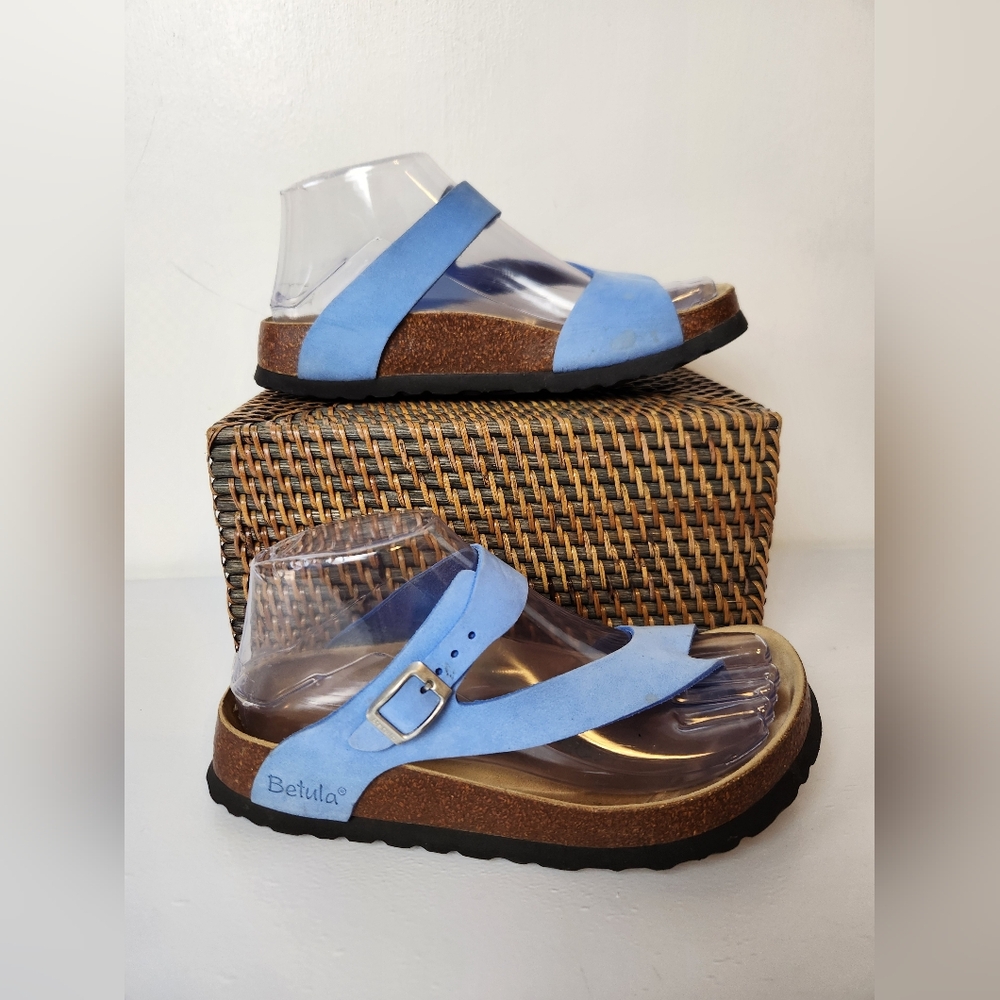 Betula by Birkenstock Leather Toe Hole Cork Low Wedge Bohemian Summer Sandals